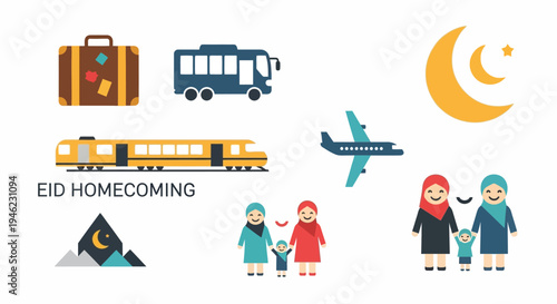 Flat illustration of various travel icons and Muslim family members celebrating Eid homecoming with luggage, transportation, and a crescent moon, conveying a festive travel concept.