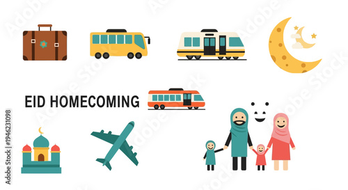 Flat lay illustration of various travel-related icons and a family reunion scene with the text 'EID HOMECOMING' representing a joyful muslim holiday journey home.