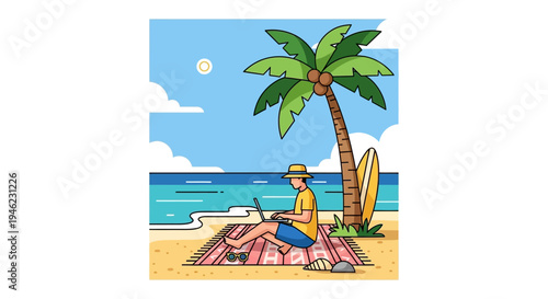 A man working on his laptop on a sunny beach under a palm tree with a surfboard nearby, illustrating remote work or a digital nomad lifestyle.