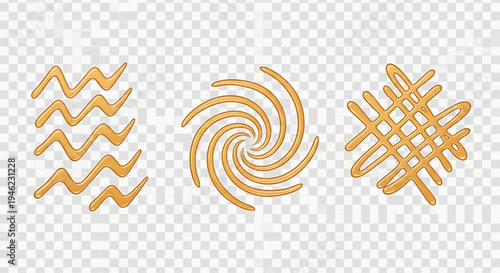 Golden Liquid Patterns Vector Set Zig-zag, spiral, criss-cross designs. Ideal graphic elements for sweet culinary decoration, dessert toppings, and branding