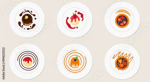 Delightful Assortment of Gourmet Desserts and Sweet Pastries Artfully Presented on White Plates, Featuring Fruit Tarts, Chocolate Delights, and Creamy Confections