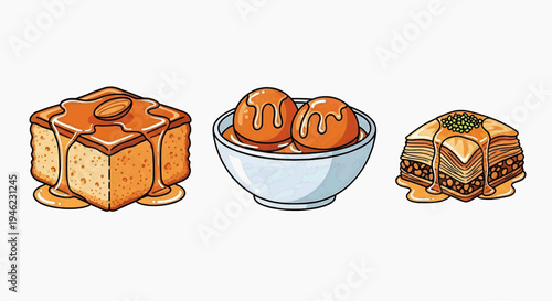 Vibrant cartoon illustration featuring delectable syrupy desserts golden honey pastries, almond-topped sweets, and glazed dough balls, ideal for sweet food design concepts