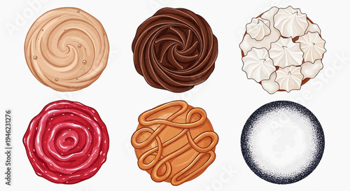 A delightful collection of assorted round cookies and sweet desserts, each uniquely decorated with intricate frostings and toppings, presented in a vibrant top-down view