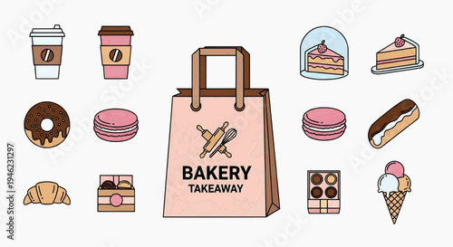 Collection of bakery items and takeaway bag with delicious pastries, coffee, donuts, and ice cream