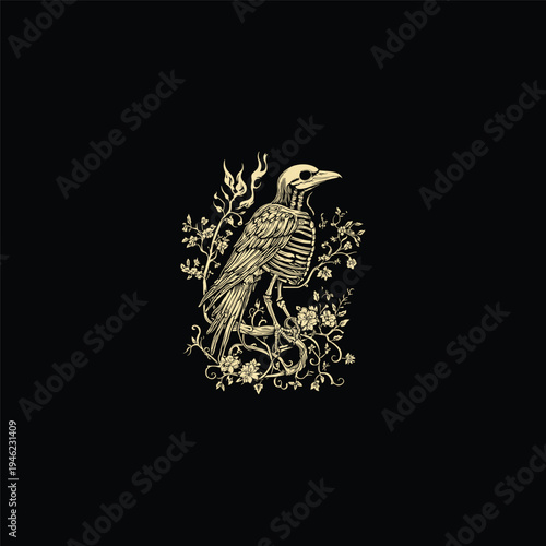 A vintage-style illustration of a bird skeleton perched on a flowering branch, featuring intricate bone details and botanical elements on a solid black background.