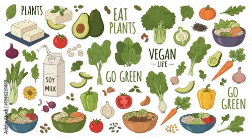 Vegan lifestyle illustration with various plant-based foods and eco-friendly slogans.