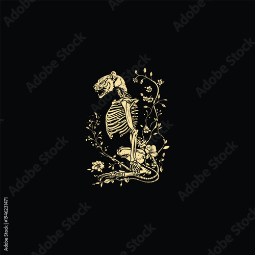 A vintage-style illustration of a feline skeleton, such as a cheetah or leopard, in a crouching pose surrounded by delicate flowering vines on a solid black background.