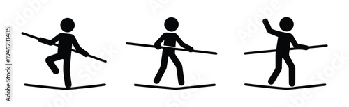 Stickman tightrope walkers set. Acrobats balancing on rope, circus performers on high wire. Vector silhouettes illustrating equilibrium, skill, courage and concentration. Simple line art style.