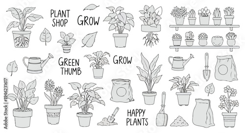 A collection of line drawings depicting potted plants, gardening tools, and plant care items.