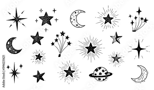 Cute magic gold star doodle icon set with sparkle twinkle moon and hand drawn sticker style vector