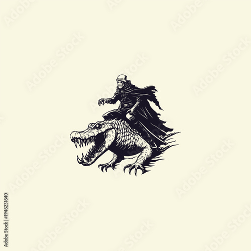 A black and white vintage woodcut illustration of a hooded skeletal figure or dark sorcerer riding on the back of a large, fierce crocodile with sharp teeth.