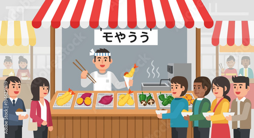 Street Food Stall Serving Tempura to Customers