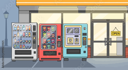 Pixel Art Vending Machines Outside Convenience Store