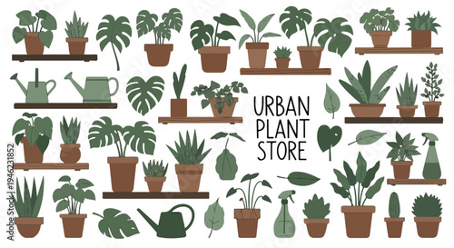 An illustration of various potted plants on shelves with a watering can and the words urban plant store.