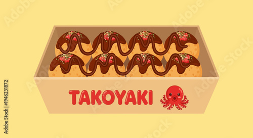 Vector Illustration of Delicious Takoyaki Octopus Balls in a Takeaway Box