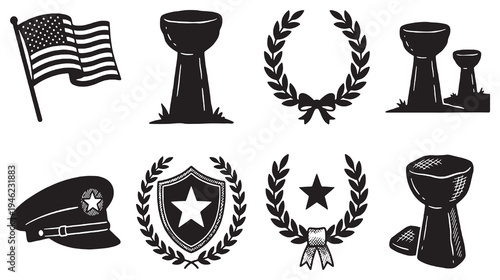Collection of patriotic symbols and emblems, including an American flag, military cap, laurel wreaths, and shields with stars.