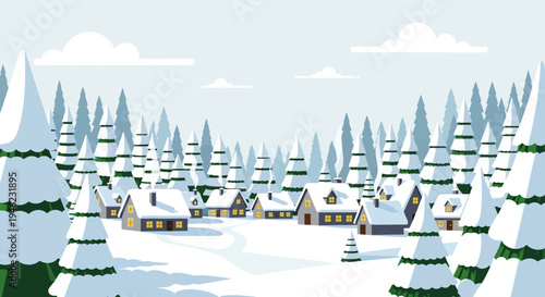 Winter Village Landscape with Snowy Pine Forest and Cozy Cottages