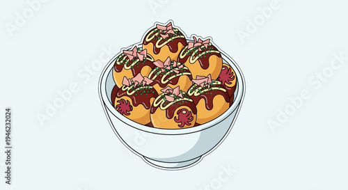 Cartoon Illustration of Japanese Takoyaki Octopus Balls in a Bowl