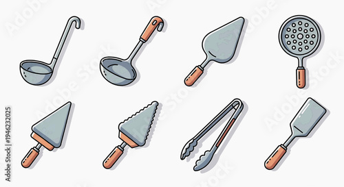 Collection of kitchen utensils, including ladles, cake servers, tongs, and spatulas, on a white background