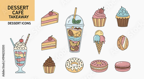Collection of delicious dessert icons, including cakes, cupcakes, donuts, macarons, and ice cream, perfect for cafe takeaway