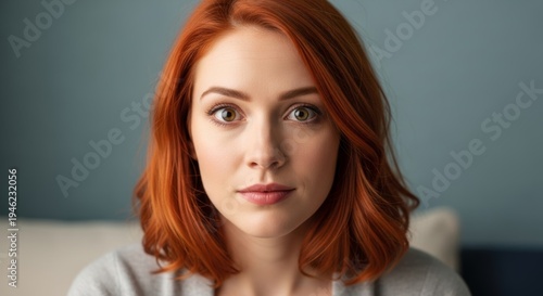 Close-up portrait of a young woman with vibrant red hair and striking green eyes, looking directly at the camera with a neutral expression
