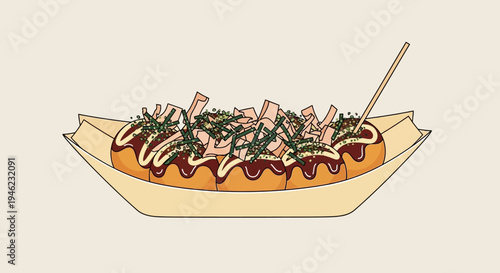 Hand Drawn Illustration of Japanese Takoyaki Octopus Balls in a Paper Boat