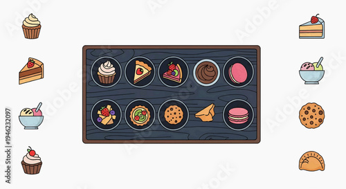 Vector illustration of assorted sweet desserts and pastries, featuring cupcakes, pies, ice cream, cookies, and macarons, perfect for menus and confectionery