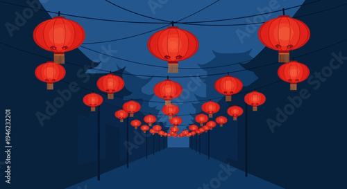 Traditional Chinese Red Lanterns Hanging in Night Street