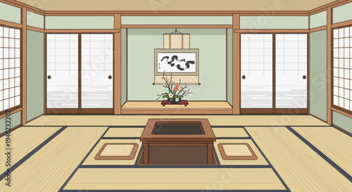 Traditional Japanese Tatami Room Interior with Shoji Screens and Tokonoma Alcove