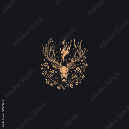 A mystical hand-drawn illustration of a deer skull with large antlers, featuring a burning flame between the horns and surrounded by delicate floral vines