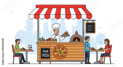 Street Food Pizza Stall with Chef and Customers