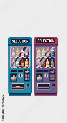 Two Colorful Vending Machines with Assorted Drinks