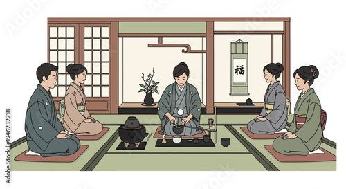 Traditional Japanese Tea Ceremony with People in Kimono