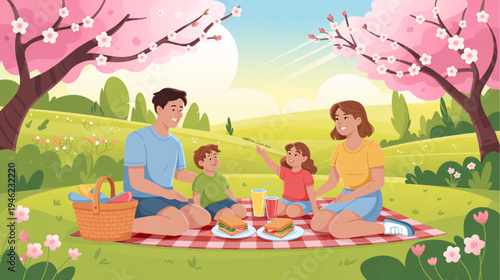 Vector illustration of family having picnic in park with cherry blossoms