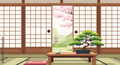 Zen Japanese Room with Bonsai Tree and Cherry Blossom View
