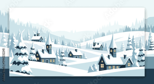 Winter Village Landscape with Snowy Houses and Pine Trees