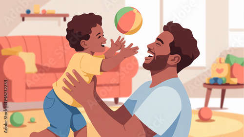 Vector illustration of a happy father and child playing with a ball indoors