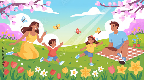 Vector illustration of family picnic in spring