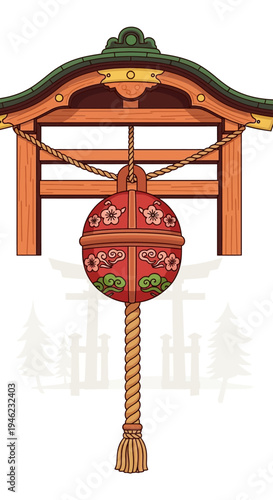 Japanese Shinto Shrine Bell with Traditional Ornamentation