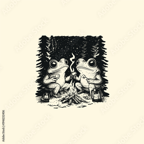Vintage style hand-drawn illustration of two cute frogs roasting marshmallows over a campfire in a pine forest at night.