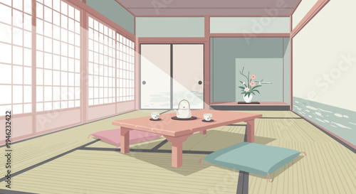 Minimalist Japanese Tea Room Interior with Tatami Mats and Low Table