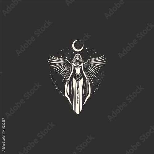 Mystical illustration of an Egyptian goddess with wings and crescent moon in vintage woodcut style.