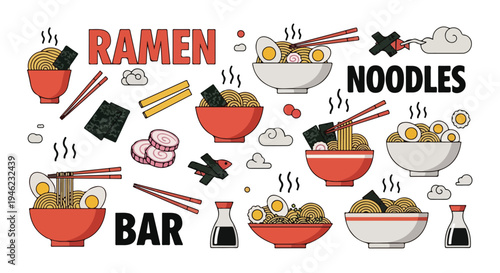 Illustration of various ramen noodle dishes and ingredients with utensils and text.
