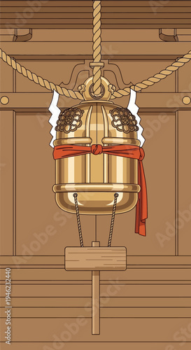 Pixel Art Illustration of a Traditional Japanese Temple Bell with Rope and Wooden Sign