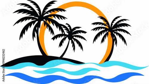 A minimalist vector graphic illustration of a tropical island with palm trees and a sunset silhouette