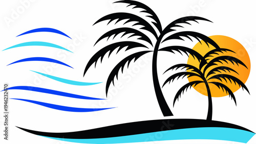 A minimalist vector graphic illustration of a tropical island with palm trees at sunset in silhouette mode