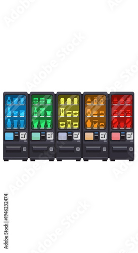 Set of Five Colorful Vending Machines with Various Snacks and Drinks