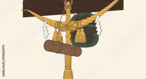 Shinto Shrine Shimenawa Rope and Sacred Objects Illustration