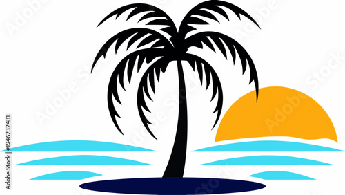 A minimalist vector graphic of a palm tree silhouette at sunset