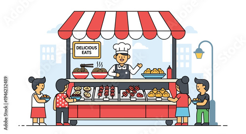 Street Food Stall with Chef Serving Delicious Meals to Customers